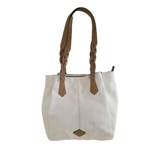 St. John’s Bay White Vachetta Shoulder Bag Tote Handbag Purse Tan Braided Straps